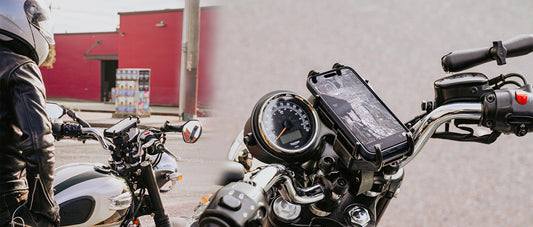 A man using his  Samsung phone on his motorcycle, secured with the RAM® Vibe-Safe™  and RAM® phone mount