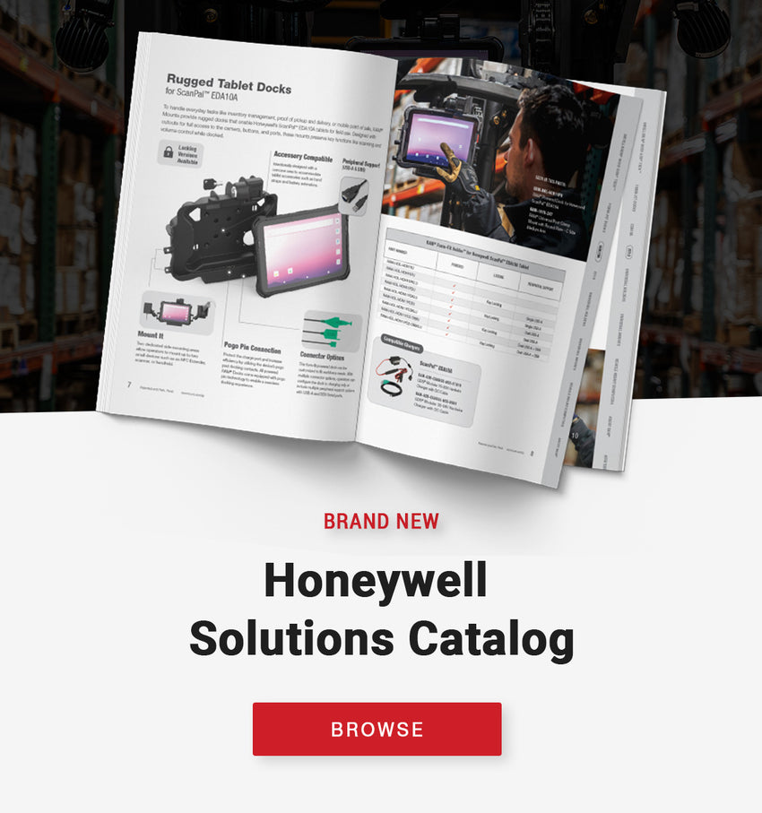 Mobile banner promoting the 2025 RAM® Mounts Honeywell Solutions Catalog, with featured Honeywell devices like the CT37 and ScanPal™ EDA10A, and a 'Browse' button encouraging users to explore the catalog.