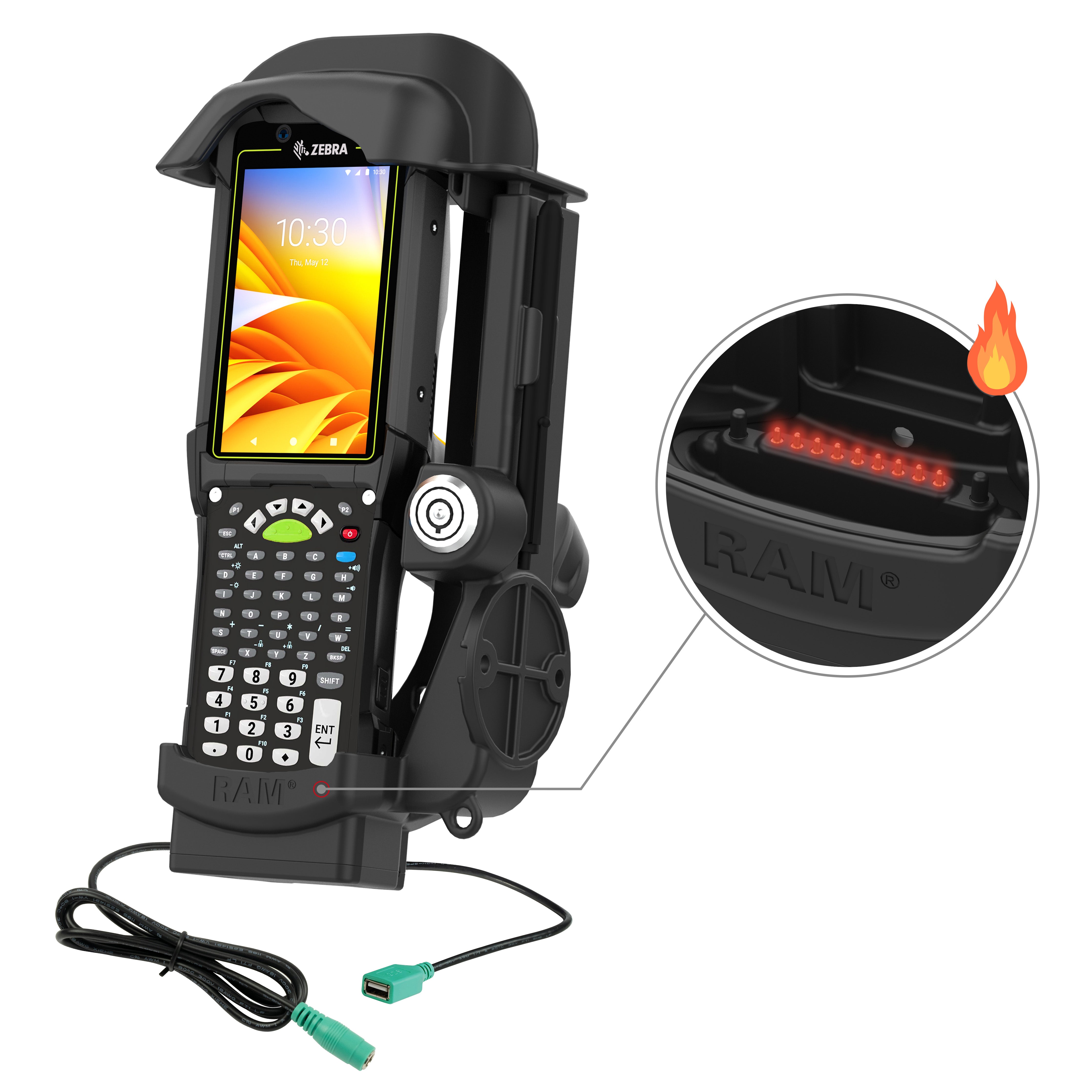 RAM® Locking Powered Dock + USB-A for Zebra MC9400/9300 - Heated