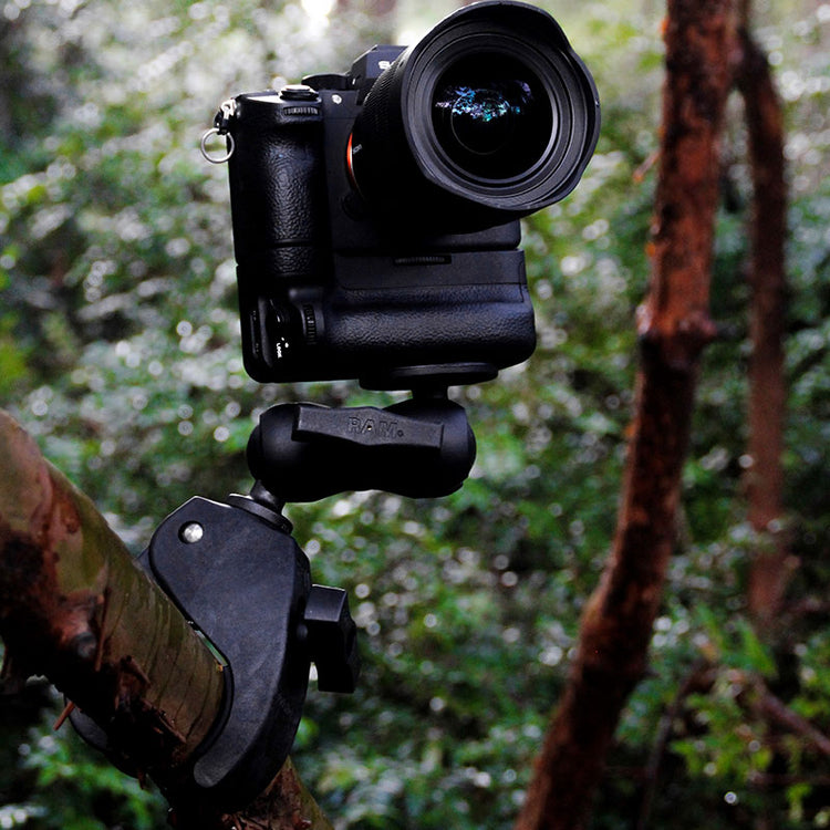 RAM® Tough-Claw™ Mounted on Trail in Woods with DSLR Camera | RAM® Mounts