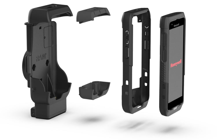Exploded view of the RAM® Dock with the optional shims, OEM boot, and device