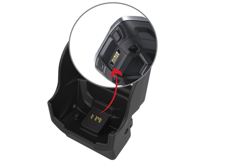 Feature image showing the pop pin charging pins integrated directly into the RAM Mounts dock matching the TC8300 pogo pad charging contacts for a seamless charging experience