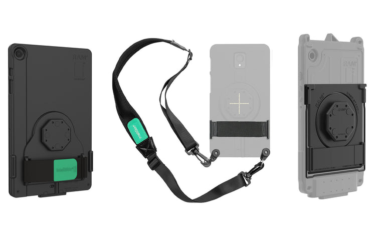 A set of IntelliSkin® ergonomic accessories for tablets, including a rear-mounted hand strap, a shoulder sling with green IntelliSkin tag, and various IntelliSkin® cases featuring integrated mounting points and GDS® compatibility.