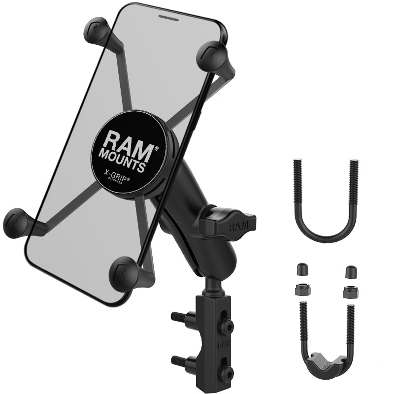 Pack complet RAM MOUNTS X-Grip® bras court fixation en U sur guidon ou  réservoir de frein / embrayage moto smartphones S/M