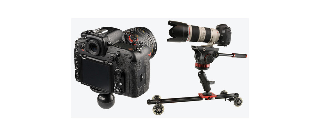 Two cameras, one is mounted to a RAM C-size all, the other is mounted on a rolling stand