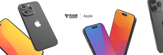 iPhone 15s floating on a white background with a RAM® Mounts & Apple logo in the middle 