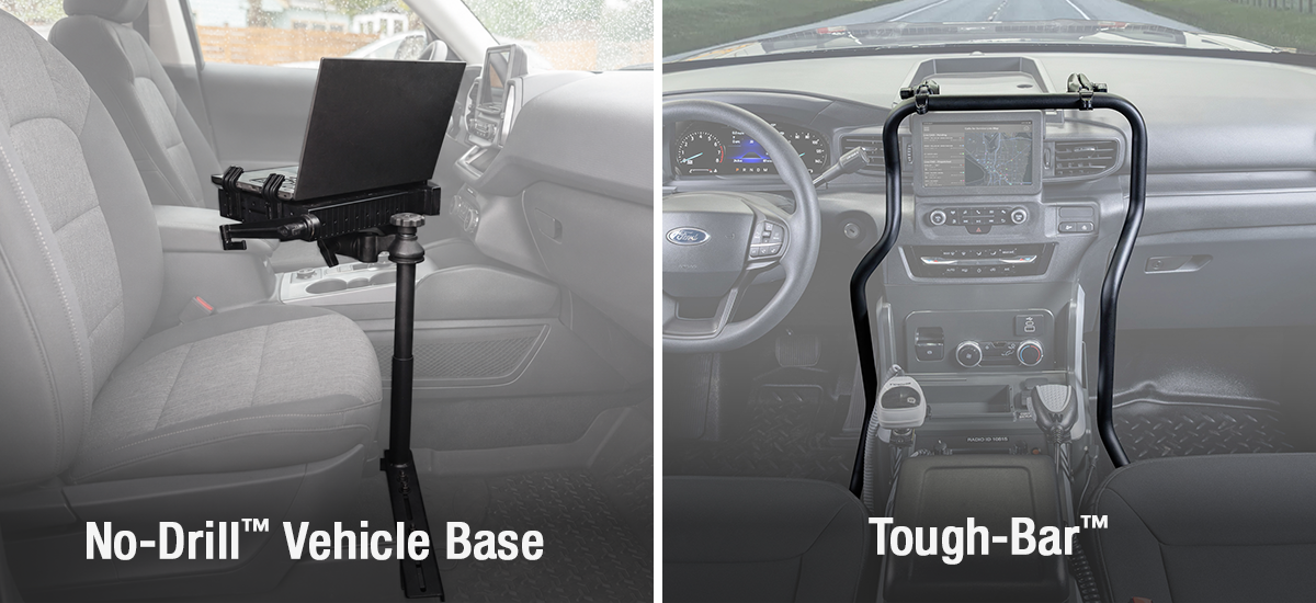 Side-by-side comparison of a RAM® No-Drill™ Vehicle Base and the RAM® Tough-Bar™ installed in vehicle interiors, highlighting differences in in-vehicle mounting solutions for fleets.