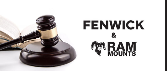 A judges gavel and the logos for Fenwick & RAM Mounts on a white background.