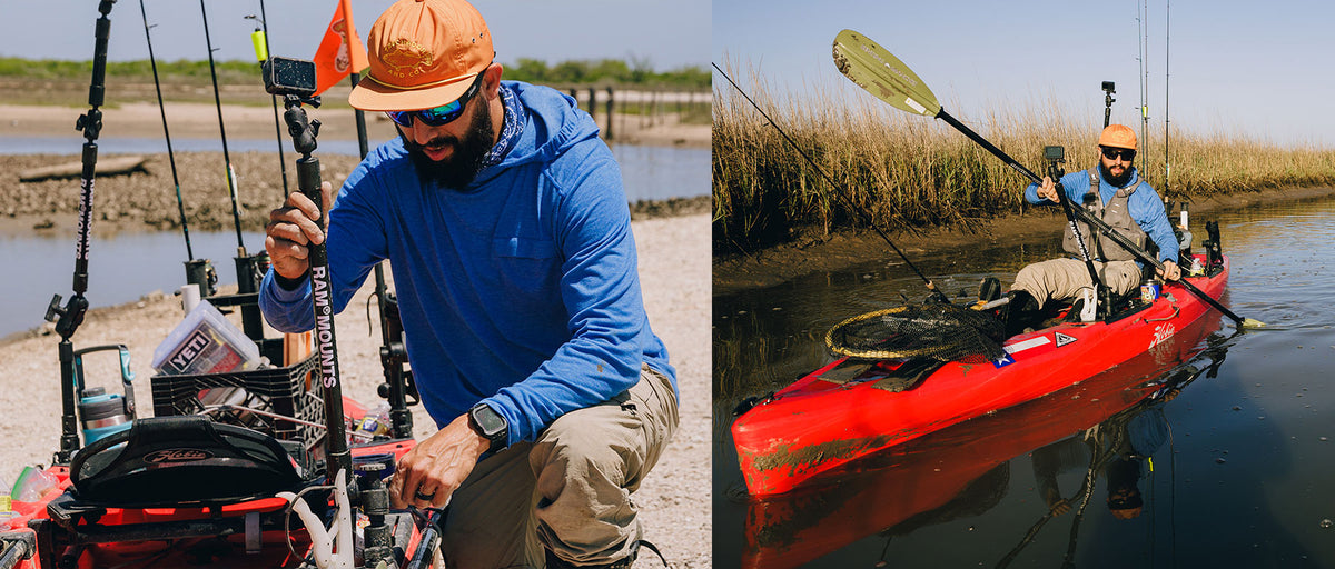 Reggie Chapa on his fishing kayak equipped with RAM Mounts
