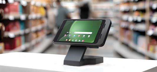 Samsung Tab Active5 protected by the IntelliSkin® H Series and docked on the Uni-Conn™ Desktop Dock at a grocery store checkout station.