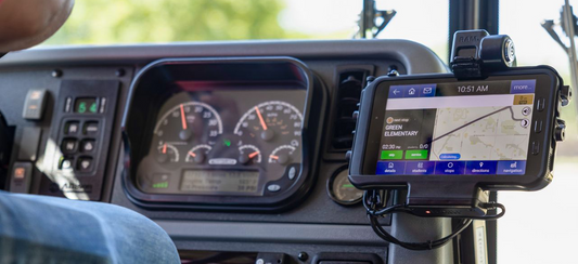 Samsung Tab Active5 mounted on the dashboard of a bus using RAM® Mounts