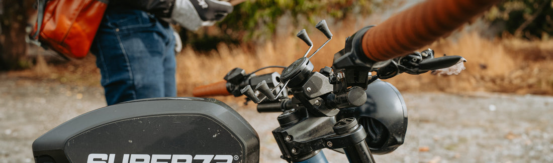 Low-profile handlebar phone mount on Super73 e-bike