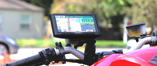 Close-up of a Garmin nuvi secured to a red motorcycle with RAM Mounts