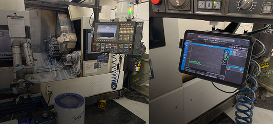 A side by side of an iPad mini6 mounted to a CNC machine close up and wide angle