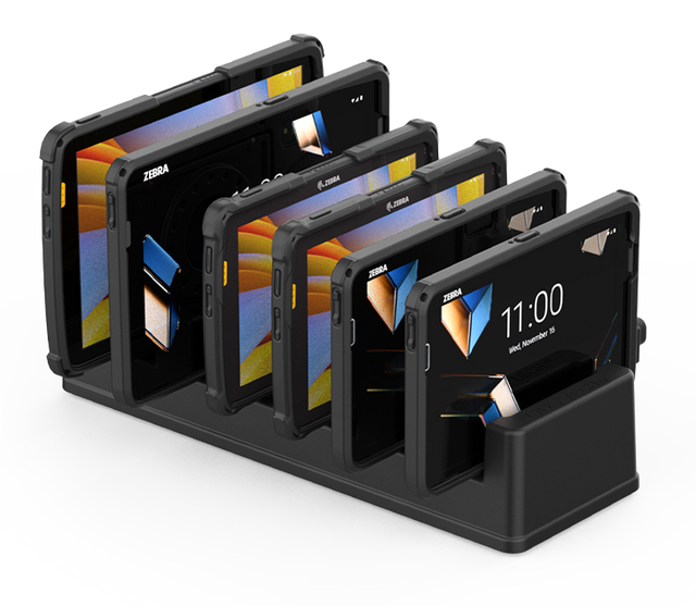 image of a GDS 6 Port Power and 6 Port RJ45 Dock for Tablets with IntelliSkin filled with various Zebra ET4x devices