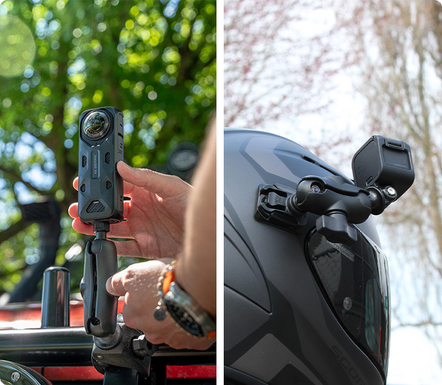 360-degree camera secured in RAM® Mount holder attached to off-road vehicle roll bar with user's hand operating the device, alongside helmet mount showing RAM® mounting system for action camera recording during outdoor adventures.