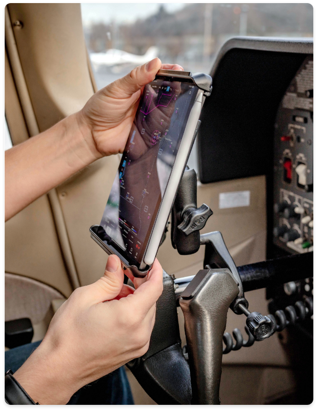 iPad Mini in a Universal RAM Mount secured to the yoke of an airplane