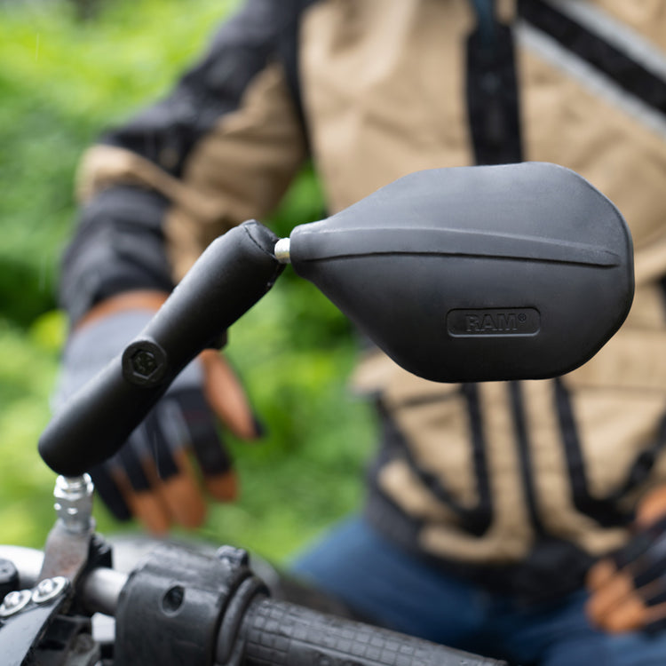 Featured image of the RAM® Tough-Mirror™ mounted on motorcycle handlebars