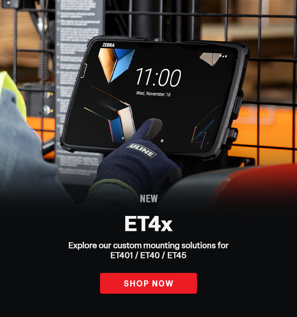 Mobile Banner image with an in use image with a person interacting with a ET401 that in an Intelliskin mounted to a forklift and text in the middle that says New ET4x custom mounting solutions. 