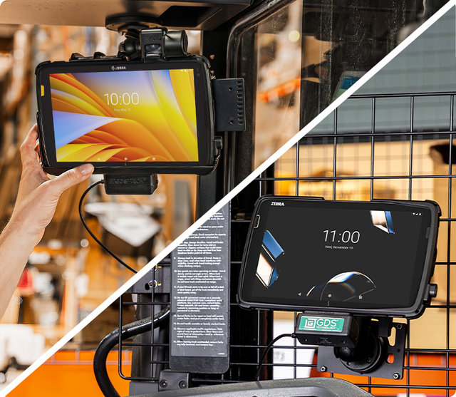 Two in use images split horizontally with the top showing a Zebra ET40 in a GDS tough dock in a forklift with a hand touching the screen. The bottom image shows a ET401 in a GDS Uniconn dock with a RAM mount on a metal grate