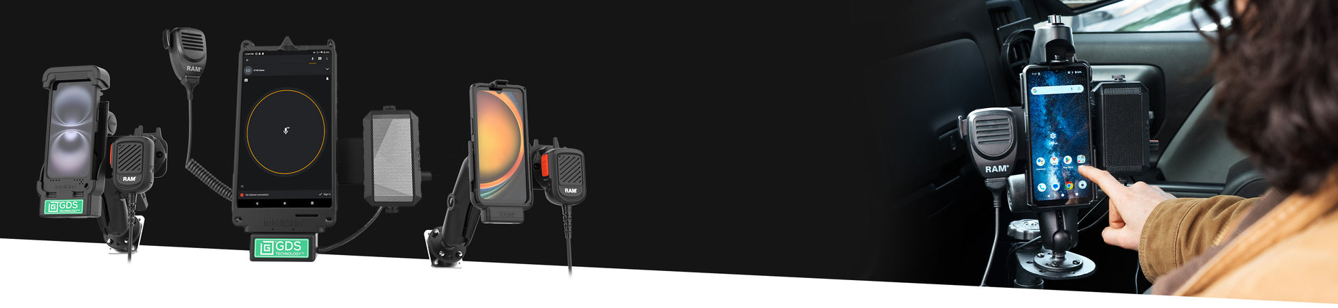 RAM® Mounts Push-to-Talk solutions banner featuring device mounts and accessories with a call-to-action button to build your kit.