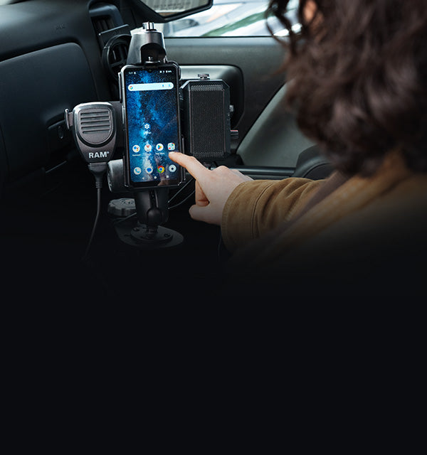 RAM® Mounts Push-to-Talk solutions banner featuring device mounts and accessories with a call-to-action button to build your kit.