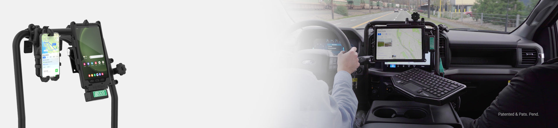 Promotional banner for the new RAM® Tough-Bar™, featuring a durable vehicle mounting system holding a smartphone, tablet with keyboard, and another smartphone inside a vehicle. The text reads 'NEW RAM® Tough-Bar™ – Durability Meets Safety and Comfort' with a red 'Learn More' button. Patented & Pats. Pend.