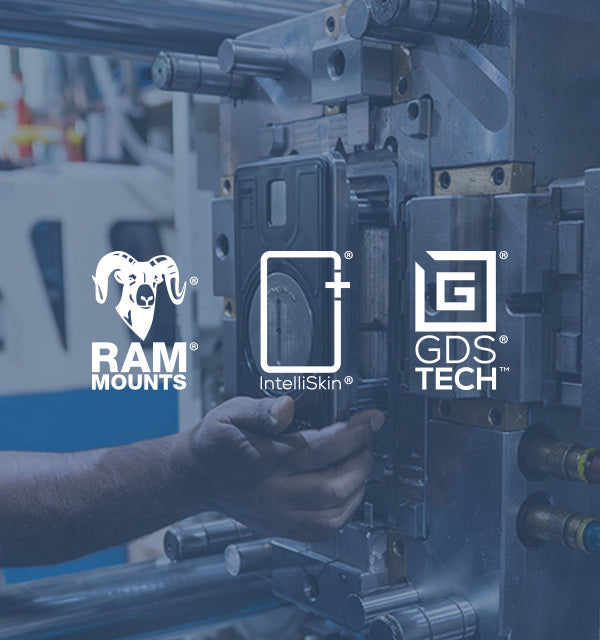 Generic Image of RAM Mounts and the three brand logos on top of an image of a plastic injection mold machine.