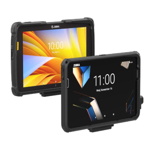 Two devices lined up, the back is a Zebra ET40 and the front is a Zebra ET401. Both are in GDS IntelliSkin.