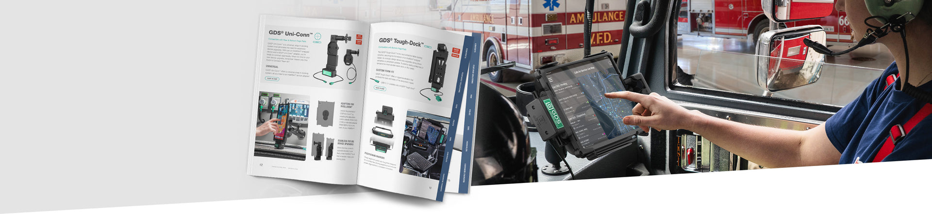 Web banner image for RAMs Public Safety Catalog, There is an open book showing several docks and an image of an intelliskin in a GDS dock in the background