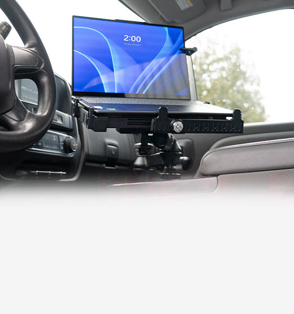 Web banner with an in use on the right of a RAM Tough Tray III with a laptop in it in a vehicle. The middle has text and the left is a render of a tough tray III attached to a laptop mount