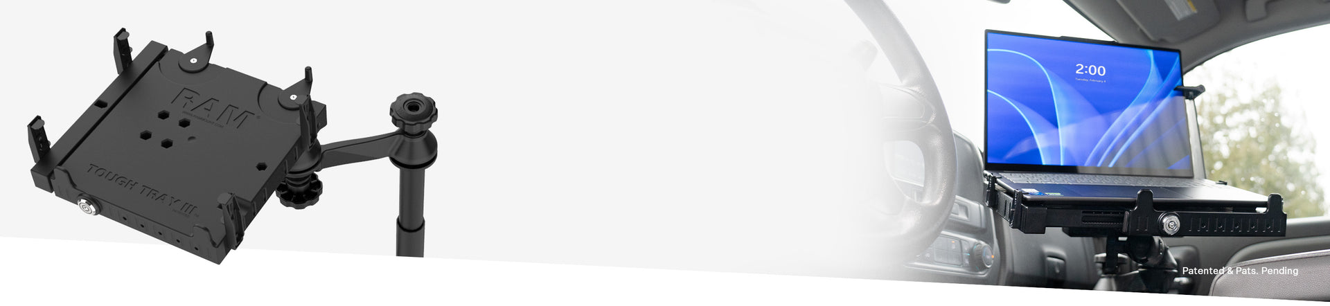 Web banner with an in use on the right of a RAM Tough Tray III with a laptop in it in a vehicle. The middle has text and the left is a render of a tough tray III attached to a laptop mount