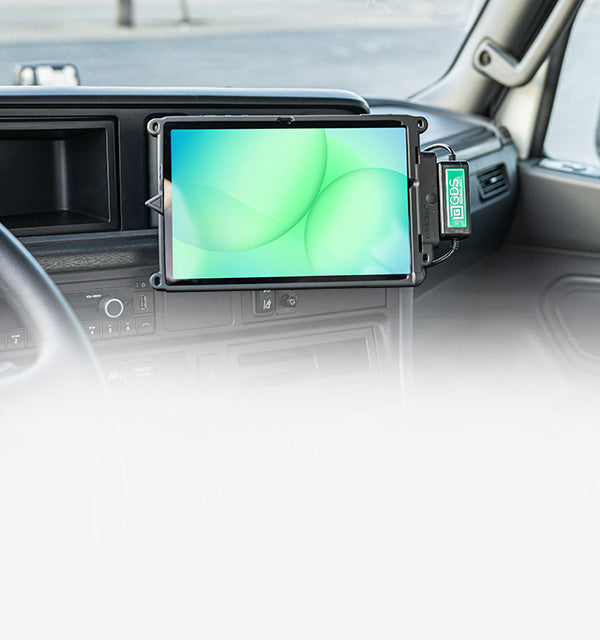 Banner image with Samsung Tab A11+ devices on the left in front of a GDS Uni-Conn dock and text in the middle that says New Samsung Tab A11+, explore our custom mounting solutions. There's an in use image on the right with a Samsung Tab A11+ in an Intelliskin docked in a Uni-Conn dock on a vehicle dashboard.