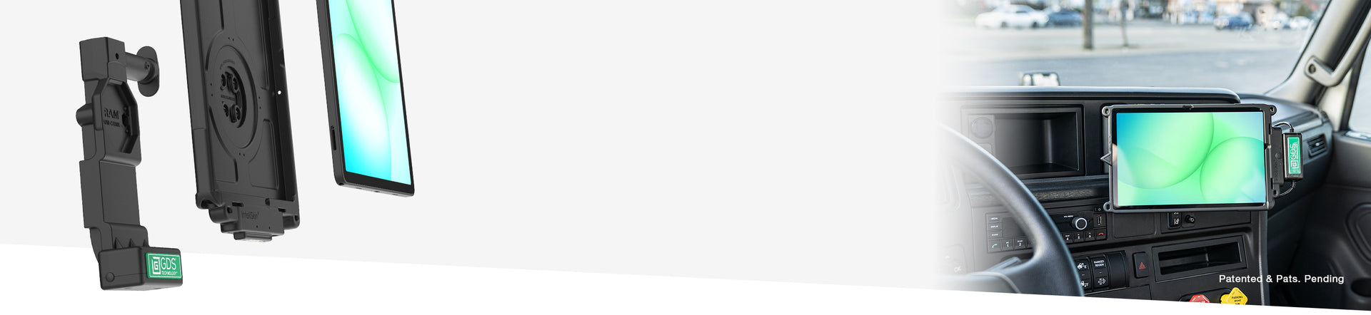 Banner image with Samsung Tab A11+ devices on the left in front of a GDS Uni-Conn dock and text in the middle that says New Samsung Tab A11+, explore our custom mounting solutions. There's an in use image on the right with a Samsung Tab A11+ in an Intelliskin docked in a Uni-Conn dock on a vehicle dashboard.
