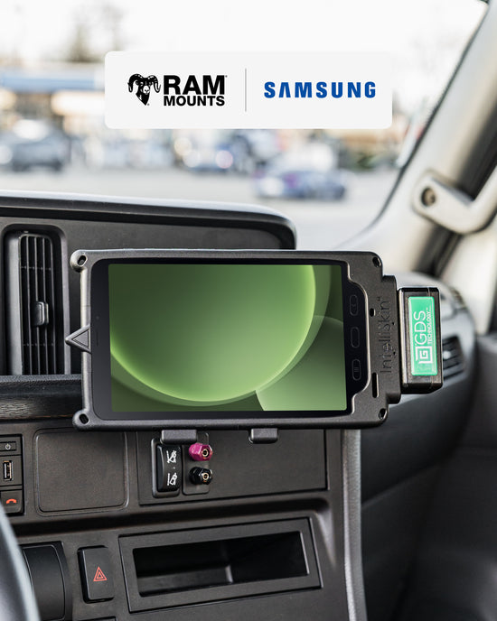 RAM Mounts Samsung Solutions Catalog Cover showing a Samsung tablet mounted on a vehicle dashboard.