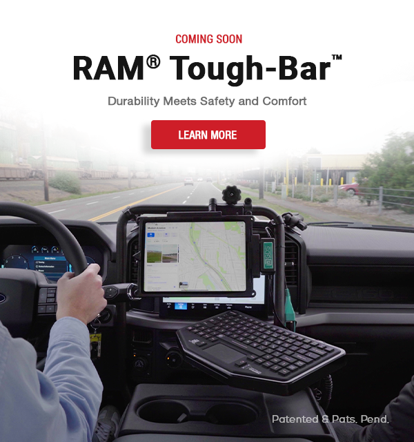 Promotional banner for the new RAM® Tough-Bar™, featuring a durable vehicle mounting system holding a smartphone, tablet with keyboard, and another smartphone inside a vehicle. The text reads 'NEW RAM® Tough-Bar™ – Durability Meets Safety and Comfort' with a red 'Learn More' button. Patented & Pats. Pend. Mobile version