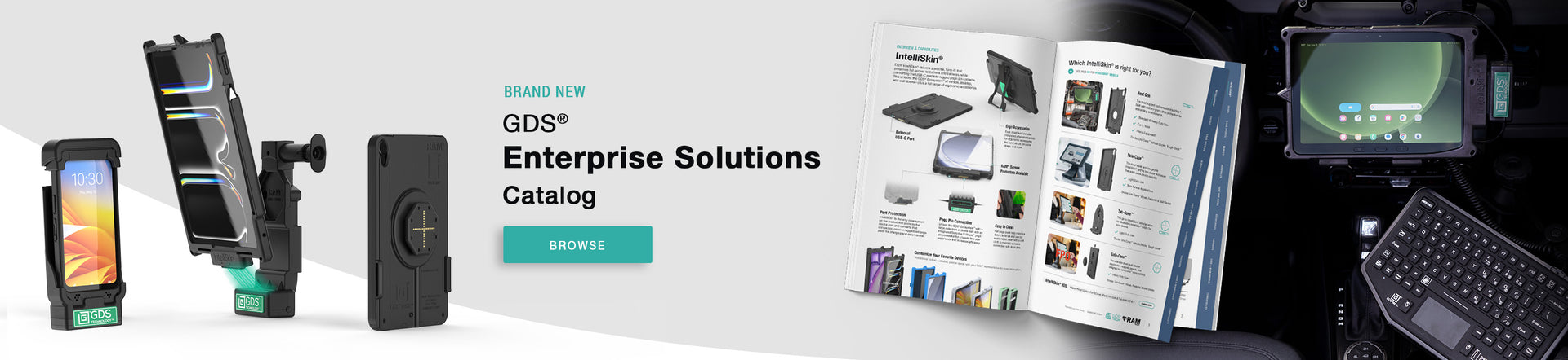 Homepage banner showcasing the new GDS® Enterprise Solutions Catalog with CTA button to browse.