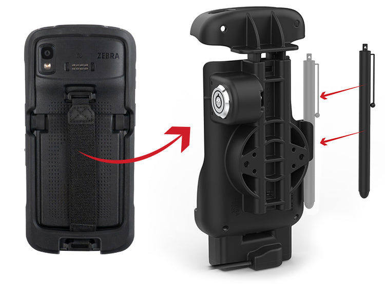 Feature image showing available space in the back of the dock for Zebra hand strap and extended battery accessories, as well as the integrated stylus holder