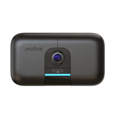 Motive AI dash camera shown in a front-facing product image against a light gray background. The compact black camera features a central lens, integrated status light, and AI-powered video monitoring technology designed for commercial fleet safety, driver protection, and vehicle visibility.