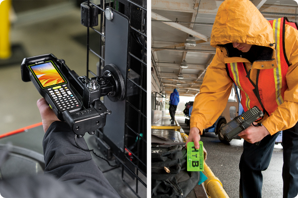 Split image showing airline ground crew using rugged handheld scanners secured in RAM® GDS mounts, with worker in high-visibility safety vest operating mobile device for baggage handling and cargo operations on airport tarmac, demonstrating enterprise mobility solutions for aviation ground services.