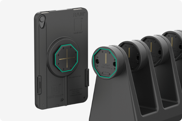 6-Port Dock for Thin-Case™ Uni-Conn charging dock showing tablet with IntelliSkin protective case approaching multiple charging docks, demonstrating instant attachment capability for rapid device deployment across multiple aircraft workstations, cockpit locations, and ground operations areas in aviation environments.