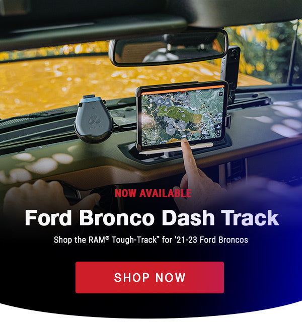 Mobile Banner image featuring new RAM Mounts dashboard track base for Ford Bronco