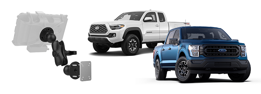 Custom vehicle mounts for enterprise mobility solutions, featuring a RAM® Mount system and two pickup trucks—one white and one blue—positioned to illustrate in-vehicle integration.