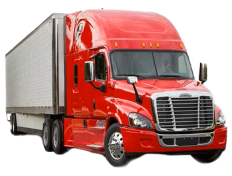 A red semi-truck on a white background facing to the right.