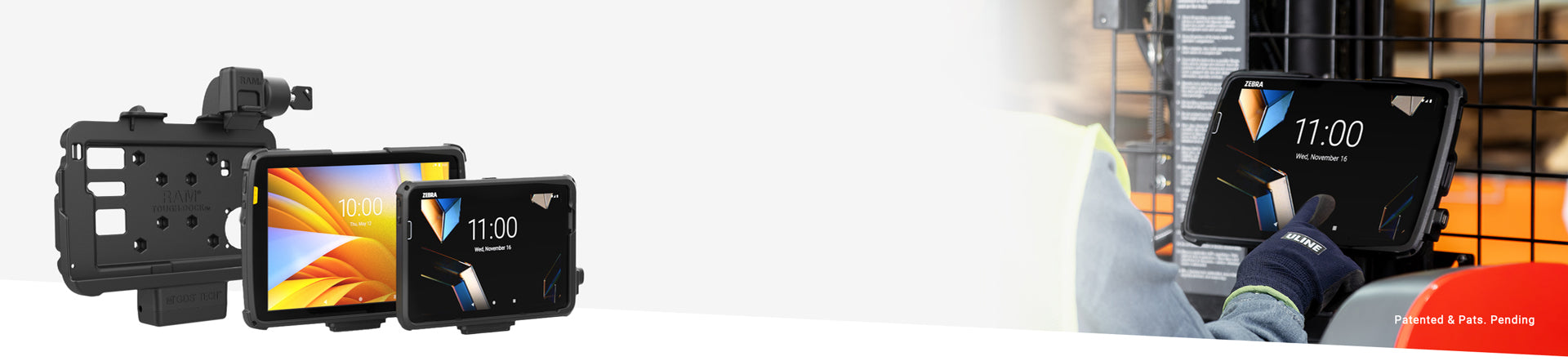 Banner image with Zebra ET4x devices on the left in front of a ram thin dock and text in the middle that says New ET4x custom mounting solutions. There's an in use image on the right with a person interacting with a ET401 that in an Intelliskin mounted to a forklift.