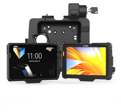 Family of Zebra ET4x rugged enterprise tablets shown in multiple configurations. Two tablets with bright displays are positioned in front of a rugged mounting and charging dock, while a rear-facing tablet highlights the integrated mounting interface and attachment hardware. The durable design features reinforced corners, protective bumpers, and secure docking capabilities for warehouse, transportation, field service, retail, and industrial environments. White background.