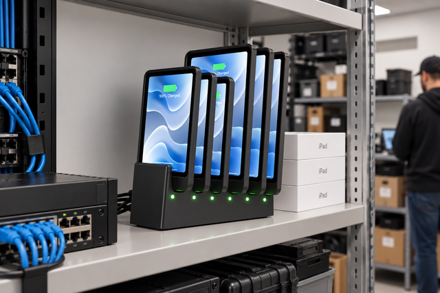 Multiple iPads charging in a GDS® multi-device charging dock for IntelliSkin® H Series on a shelf in an IT equipment room.