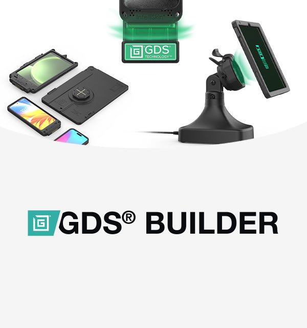Promotional banner for GDS® Builder, showcasing a mounted tablet in a vehicle cab and various modular components for creating a custom GDS® docking solution, alongside a 'Start Building' call-to-action button.