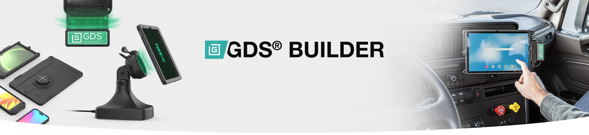 Promotional banner for GDS® Builder, showcasing a mounted tablet in a vehicle cab and various modular components for creating a custom GDS® docking solution, alongside a 'Start Building' call-to-action button.