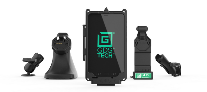 GDS® Tech modular docking components including an IntelliSkin®-encased device, a GDS® docking station, and RAM® mounting hardware, shown as separate parts ready for customization.